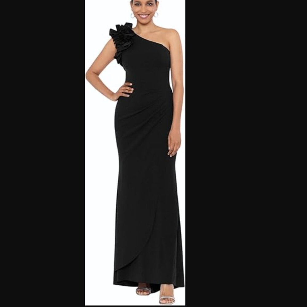 NWOT XSCAPE "Ivy" One-shoulder Ruffle Scuba Crepe Gown, sz 4